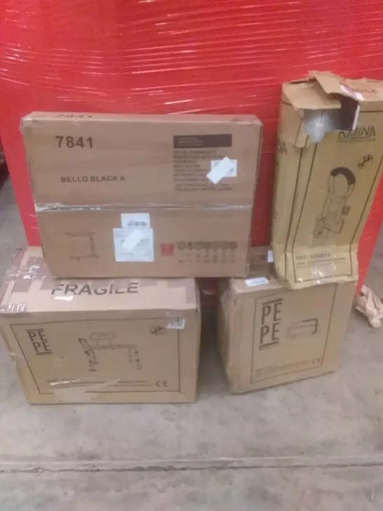 PALLET OF ASSORTED ITEMS INCLUDING BLACK BELLO, BATHTUB GRAB RAIL, TTANSFER BENCH, TOILET RAISER