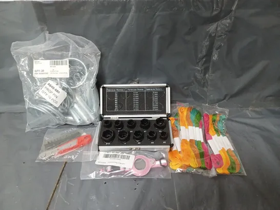 BOX OF APPROXIMATELY 20 ASSORTED HOUSEHOLD ITEMS TO INCLUDE PROP PINS, CAT COLLAR AND A MULTI TOOL