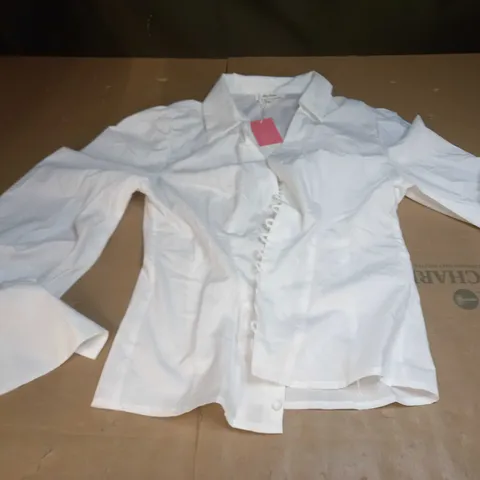 THE FROLIC WHITE BUTTON UP BLOUSE WITH FLARED SLEEVES - SIZE 10