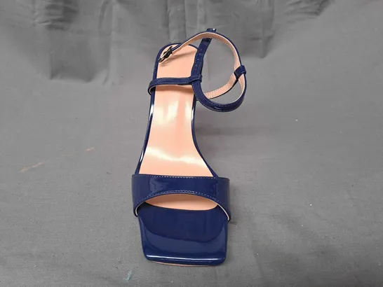 BOXED PAIR OF DESIGNER OPEN TOE HIGH HEEL SANDALS IN BLUE EU SIZE 36