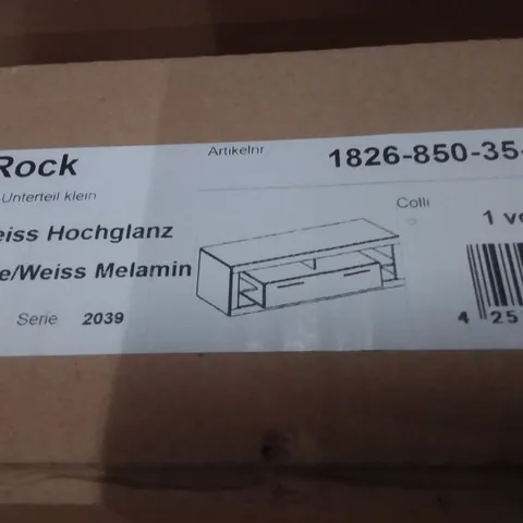 BOXED ROCK WHITE GLOSS/STONE MELAMIN TV UNIT (2 BOXES)