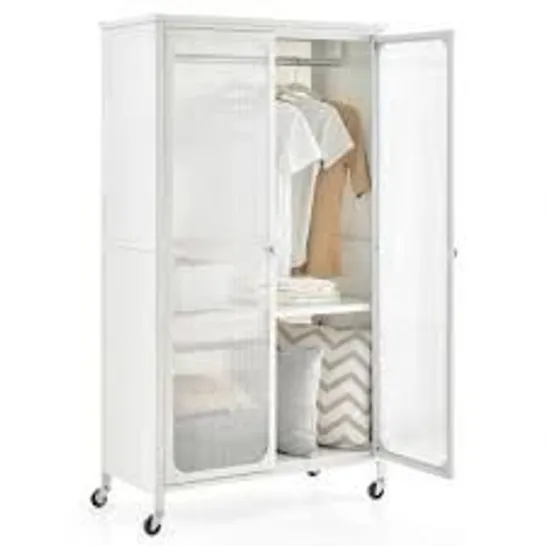 BOXED COSTWAY MOBILE METAL WARDROBE ARMOIRE CLOSET WITH HANGING ROD AND ADJUSTABLE SHELF - WHITE