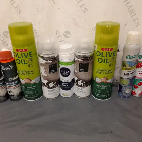 APPROXIMATELY 12 ASSORTED AEROSOLS TO INCLUDE CHERRY DRY SHAMPOO, OLIVE OIL SHEEN SPRAY, AND LOREAL DEODRANT ETC. 