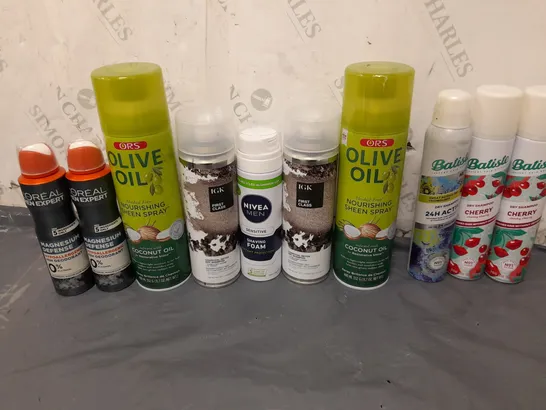 APPROXIMATELY 12 ASSORTED AEROSOLS TO INCLUDE CHERRY DRY SHAMPOO, OLIVE OIL SHEEN SPRAY, AND LOREAL DEODRANT ETC. 