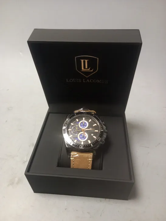 LOUIS LACOMBE GENTS STAINLESS STEEL BLACK FACED CHRONOGRAPH WATCH WITH TAUPE STRAP IN GIFT BOX