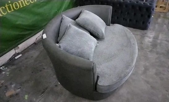 QUALITY LOVESEAT WITH ELEPHANT GREY CUSHIONS AND LEATHER BACK WITH SCATTERBACK CUSHIONS