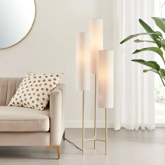 BOXED ANALYSSIA TRIPLE LIGHT FLOOR LAMP - FABRIC AND METAL STATEMENT LIGHT (1 BOX)