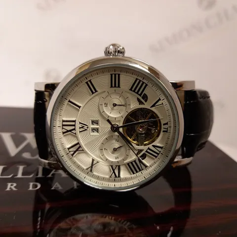 WILLIAM JOURDAIN PART SKELETON WAVE DIAL LEATHER STRAP WATCH