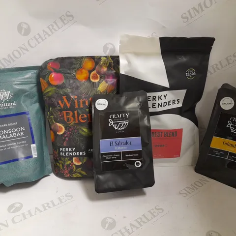 BOX OF APPROX 10 ITEMS TO INCLUDE PERKY BLINDERS FOREST BLEND, PERKY BLENDERS WINTER BLEND AND WITTARD MONSOON MALABAR GROUND COFFEE