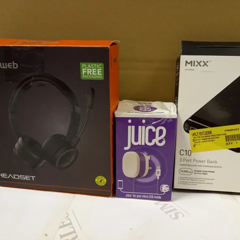 BOX OF APPROXIMATELY 20 ASSORTED HOUSEHOLD ITEMS TO INCLUDE BLACKWEB USB PC HEADSET, JUICE MICRO USB CHARGER, MIXX C10 3 PORT POWER BANK, ETC