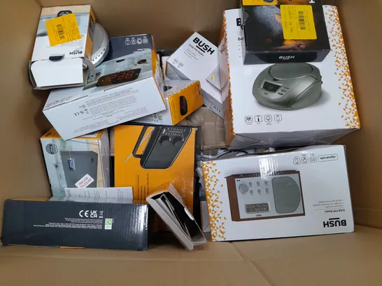 BOX OF APPROXIMATELY 15 ASSORTED ITEMS TO INCLUDE - BUSH PORTABLE CD PLAYER , RADIO , LED ALARM CLOCK RADIO ETC