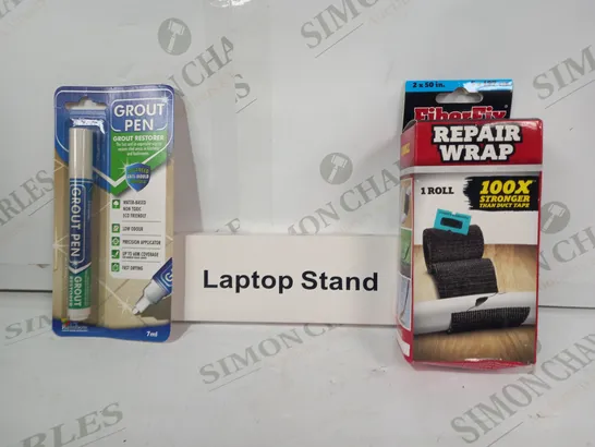 LOT OF APPROXIMATELY 10 ASSORTED HOUSEHOLD ITEMS TO INCLUDE REPAIR WRAP, LAPTOP STAND, GROUT PEN, ETC