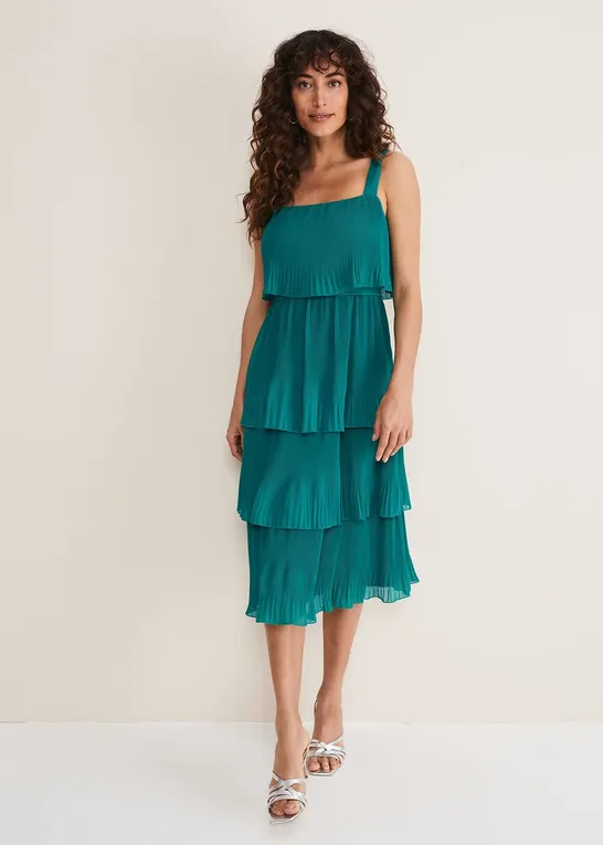 PHASE EIGHT ARRIA TIERED MIDI DRESS - MALACHITE, SIZE 18