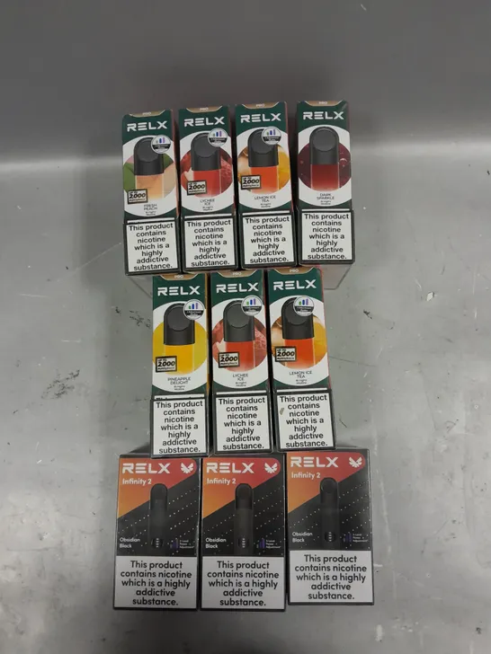 LOT OF ASSORTED DISPOSABLE VAPES TO INCLUDE RELX LEMON ICE TEA, LYCHEE ICE, ETC