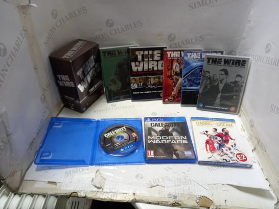 SET OF 4 DVD'S, BLU-RAY'S AND GAMES TO INCLUDE CALL OF DUTY MODERN WARFARE PS4 GAME, DARING TO DREAM BLUE-RAY AND THE WIRE COMPLETE SERIES BOX SET