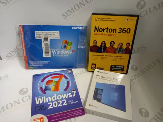 BOX OF 4 ITEMS INCLUDING SEALED WINDOWS 10 PRO, NORTON 360 SECURITY AND WINDOWS 7 2022