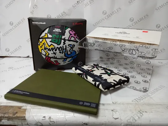 APPROXIMATELY 9 ASSORTED ITEMS TO INCLUDE KEITH HARING BASKETBALL SIZE 7, A4 JOURNAL, A5 JOURNAL, ACRYLIC LAPTOP STAND ETC.