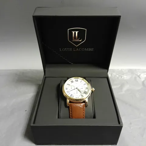 MENS LOUIS LACOMBE CHRONOGRAPH WATCH – MULTI FUNCTION DIAL WITH DATE – ROMAN NUMERAL DIAL – LEATHER STRAP