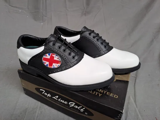 BOX OF APPROXIMATLY 12 BLACK AND WHITE TOP LINE GOLF SHOES IN VARIOUS SIZE 