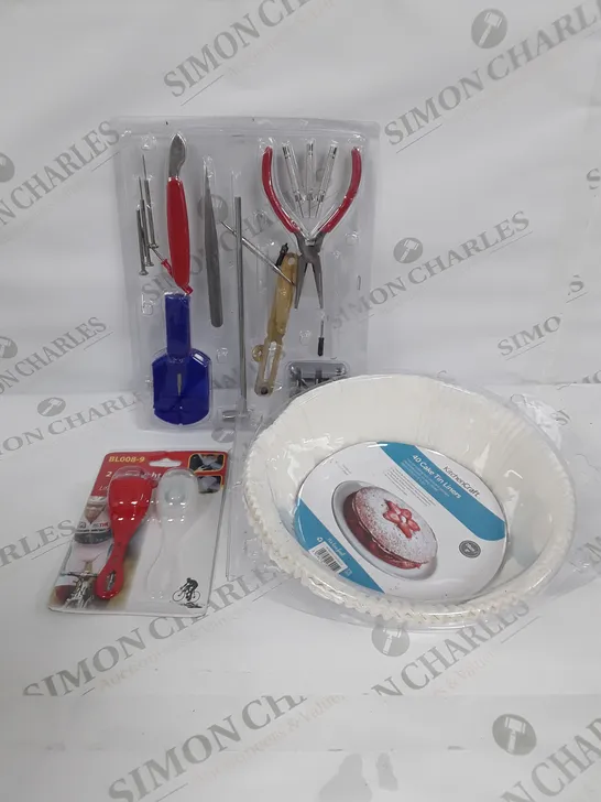 LARGE ASSORTMENT OF HOUSEHOLD PRODUCTS TO INCLUDE KITCHEN CRAFT CAKE LINERS, LED LIGHTS AND TOOL KIT 