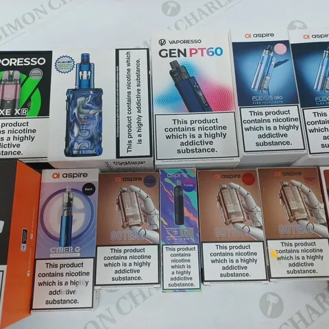 LOT OF 20 ASSORTED E-CIGS AND PARTS TO INCLUDE VAPORESSO, GEEKVAPE AND ASPIRE