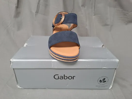 BOXED PAIR OF GABOR OPEN TOE WEDGE SANDALS IN NAVY UK SIZE 6.5