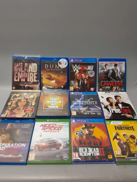 APPROXIMATELY 20 ASSORTED DVDS AND GAMES TO INCLUDE DESTINY (PS4), NETWORK THE WORLD AT WAR (BLU-RAY), RED DEAD REDEMPTION 2 (PS4), ETC