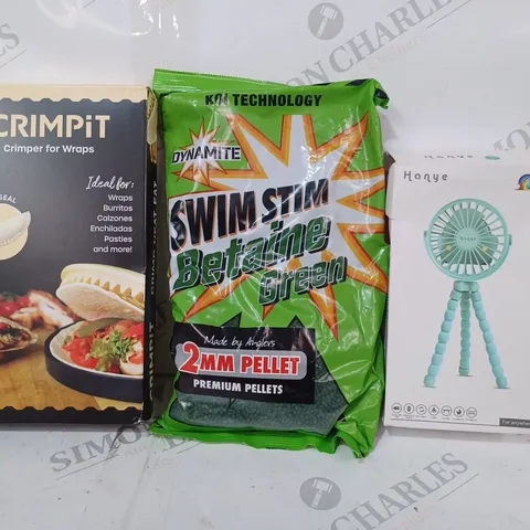 APPROXIMATELY 10 ASSORTED HOUSEHOLD ITEMS TO INCLUDE HANYE FAN, SWIM STIM BETAINE GREEN, CRIMPIT CRIMPER FOR WRAPS, ETC