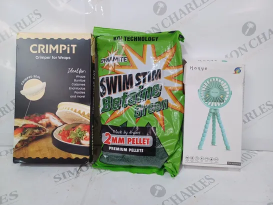 APPROXIMATELY 10 ASSORTED HOUSEHOLD ITEMS TO INCLUDE HANYE FAN, SWIM STIM BETAINE GREEN, CRIMPIT CRIMPER FOR WRAPS, ETC