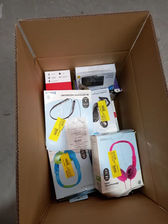 LOT OF APPROX 15 ASSORTED ITEMS TO INCLUDE LANDLINE PHONE, SHOWER SPEAKER, TV REMOTE ETC