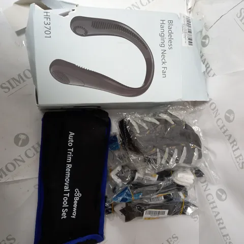 BOX OF ASSORTED ITEMS TO INCLUDE -AUTO TRIM REMOVEAL TOOL SET / SILICONE REMOVER /HANGING NECK FAN 