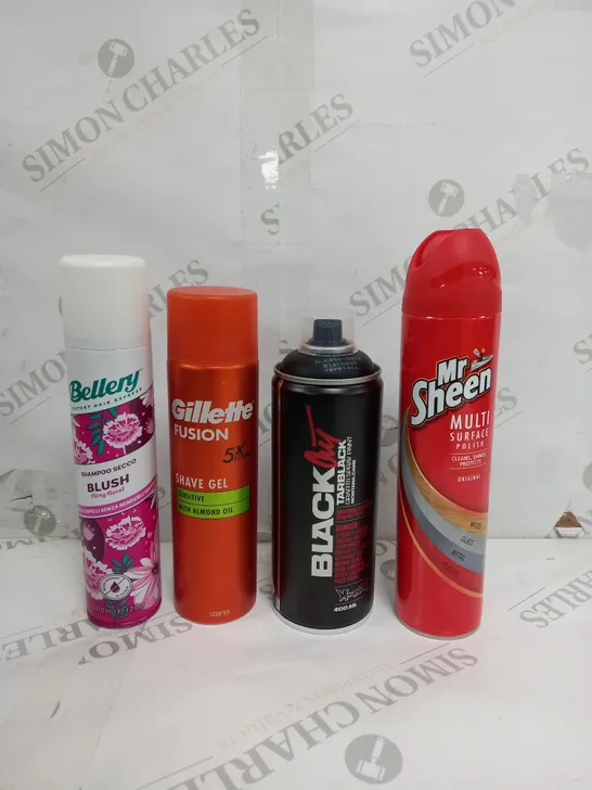 BOX OF APPROX 10 ASSORTED LIQUIDS TO INCLUDE - MR SHEEN, GILLETTE SHAVE GEL, DRY SHAMPOO ETC