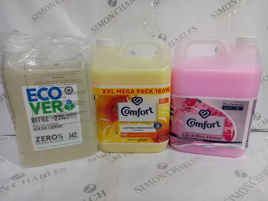 BOX OF APPROX 3 ASSORTED LIQUIDS TO INCLUDE - COMFORT LASTING FRESHNESS - COMFORT LILY & RICE FLOWER - ECO VER LAUNDRY DETERGENT