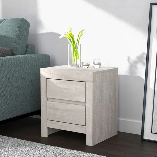 BOXED ELLANI CUBOT 2 DRAWER BEDSIDE TABLE - DUSTY GREY OAK (1 BOX)