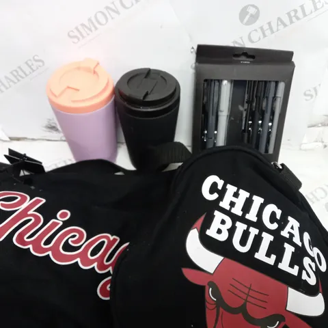 APPROXIMATELY 4 COTTON ON ITEMS INCLUDING THERMAL CUPS, PENS, BLACK CHIGAGO BULLS DUFFLE BAG