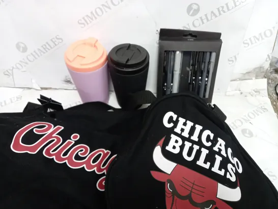 APPROXIMATELY 4 COTTON ON ITEMS INCLUDING THERMAL CUPS, PENS, BLACK CHIGAGO BULLS DUFFLE BAG