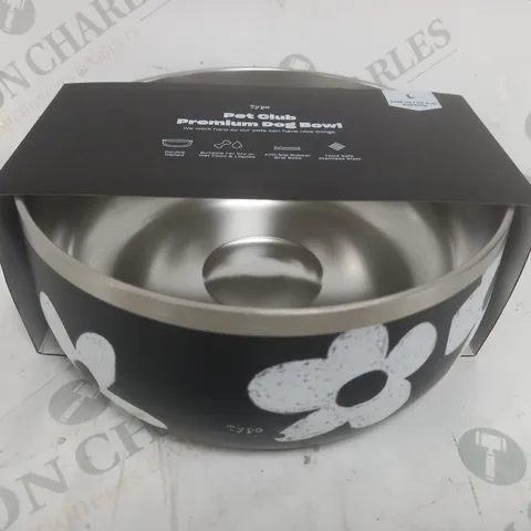 BOX OF APPROXIMATELY 6 PET CLUB PREMIUM DOG BOWLS IN BLACK W. DAISY PATTERN SIZE L