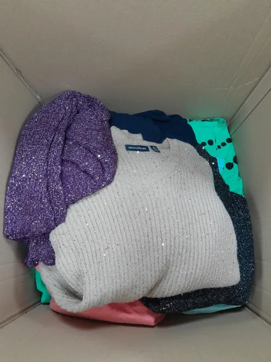 LARGE BOX OF ASSORTED CLOTHING ITEMS TOO INCLUDE TOPS , TROUSERS AND JUMPERS COMING IN DIFFERENT COLOURS AND SIZES 