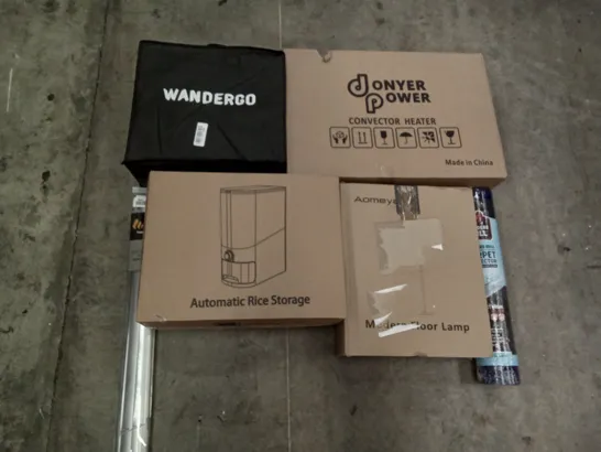 PALLET OF ASSORTED ITEMS INCLUDING DONYER POWER CONVECTOR HEATER, AUTOMATIC RICE STORAGE, MODERN FLOOR LAMP, TAIYUHOMES VENETIAN BLIND, BUILDERS BULL CARPET PROTECTOR, WANDERGO