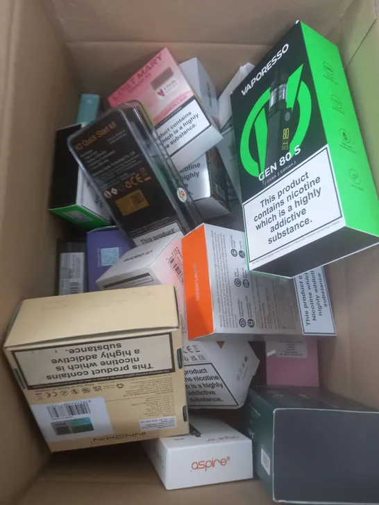 BOX OF APPROXIMATELY 15 ASSORTED E-CIGARATTES TO INCLUDE VAPORESSO, ASPIRE, LOST MARY ETC