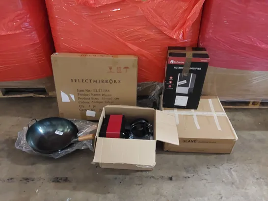 PALLET OF ASSORTED ITEMS INCLUDING: ROTARY DEHUMIDIFIER, BLENDER, ANTIQUE SILVER MIRROR, WOK FRYING PANS, ARTIFICIAL HEDGE