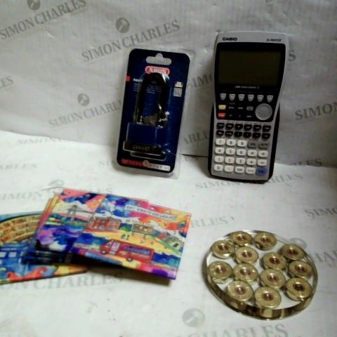 LOT OF APPROXIMATELY 15 ASSORTED HOUSEHOLD ITEMS, TO INCLUDE GRAPHIC CALCULATOR, WALES COASTERS, ABUS PADLOCK, ETC
