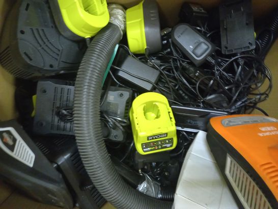 BOX OF APPROXIMATELY 20 ASSORTED HOUSEHOLD ITEMS TO UNCLUDE RYOBI CHARGING SYSTEM, FLYMO BATTERY CHARGER, YARDFORCE BATTERY CHARGER, ETC