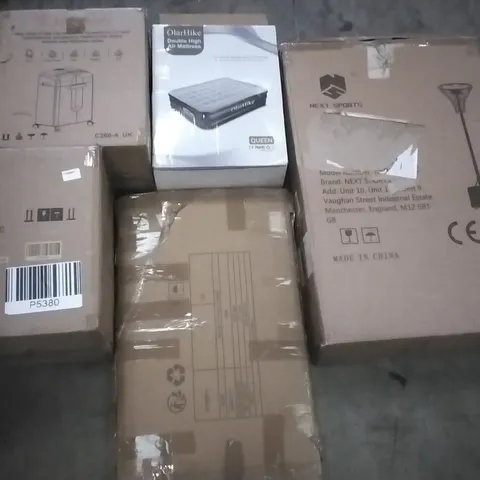 PALLET OF ASSORTED ITEMS INCLUDING BASKETBALL NET, OLARHIKE DOUBLE HIGH QUEEN AIR MATTRESS, STORAGE CABINET 5 DRAWER, BONSAII SHREDDER, HEY-BROTHER CAT TREE, TAOTRONICS AIR FRYER 