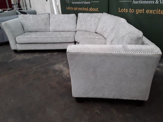 QUALITY SILVER FABRIC LARGE HIGH-ARMED CORNER SOFA WITH STUD DETAILING