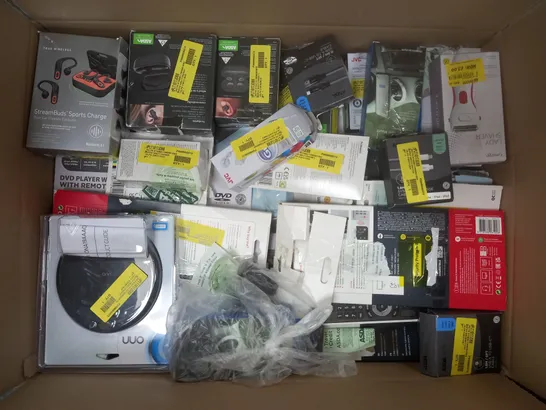 BOX OF APPROXIMATELY 40 ASSORTED ELECTRICAL ITEMS TO INCLUDE SYNC & CHARGE CABLE, TRUE WIRELESS EARBUDS, MULTICOLOUR USB CABLE, ETC