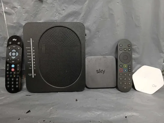 BOX OF APPROXIMATELY 12 ASSORTED ITEMS TO INCLUDE - SKY REMOTE , SKY BOX , VIRGIN MEDI WALL PLUG ETC