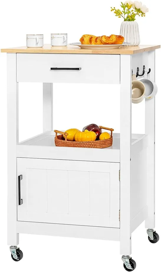 BOXED ROLLING KITCHEN ISLAND CART WITH DRAWER AND SIDE HOOKS - WHITE