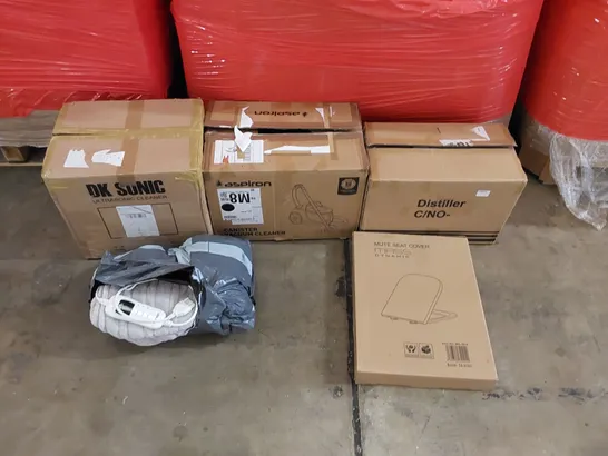 PALLET OF ASSORTED ITEMS INCLUDING: ULTRASONIC CLEANER, CANISTER VACUUM CLEANER, WATER DISTILLER, ELECTRIC BLANKET, TOILET SEAT