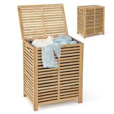 BOXED COSTWAY BAMBOO LAUNDRY BASKET, BATHROOM SHELF LAUNDRY HAMPER WITH REMOVABLE PULL-OUT BAG AND STORAGE SHELF